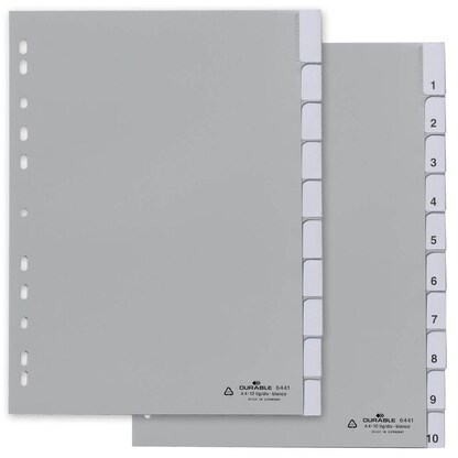 Artikelbild für DURABLE Ordnerregister DIN A4 Vollformat 1-10 grau 10-teilig mit Wechseltaben, 1 Satz, Artikelnummer 147231