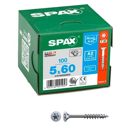 Artikelbild für SPAX® Universalschrauben T20 Senkkopf Edelstahl A2 0197000500603 5 mm x 60 mm, 100 St., Artikelnummer 394819