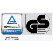 TÜV Rheinland Zertifizierungslogo und GS Zeichen für geprüfte Sicherheit mit ID-Nummer.