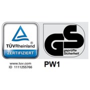 Prüfzeichen TÜV Rheinland und GS-Siegel, darunter Webseite www.tuv.com und ID 1111255766, Kennung PW1.