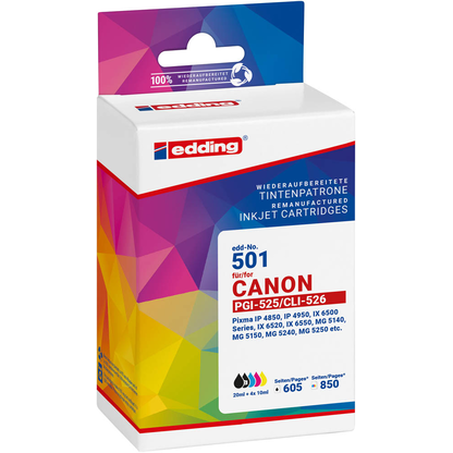 Artikelbild 2 für edding EDD-501 2x schwarz, cyan, magenta, gelb Druckerpatronen kompatibel zu Canon PGI-525 BK, CLI-526 BK/C/M/Y, 5er-Set, Artikelnummer 128959