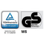 Siegel: TÜV Rheinland zertifiziert und GS geprüfte Sicherheit, Prüf-ID 1111255761, Code W5.