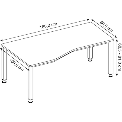 Artikelbild 2 für HAMMERBACHER Akandia höhenverstellbarer Schreibtisch lichtgrau Trapezform, 4-Fuß-Gestell silber 180,0 x 80,0/100,0 cm, Artikelnummer 671057