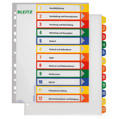 Artikelbild für LEITZ Ordnerregister 1294 DIN A4 Vollformat, Überbreite 1-12 farbig 12-teilig, 1 Satz, Artikelnummer 614495