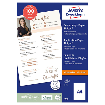Artikelbild für AVERY Zweckform Inkjetpapier InkJet Bewerbungspapier DIN A4 100 g/qm 200 Blatt, Artikelnummer 698050