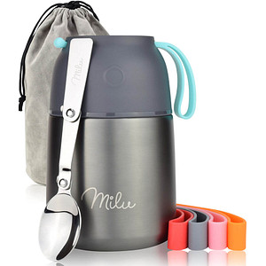 Milu Isolier-Speisebehälter grau 1 Thermobehälter mit Tasche, klappbarer Löffel, 5 farbige Trageschlaufen aus Gummi