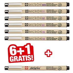 6 + 1 GRATIS: Sakura Pigma Micron Fineliner-Set schwarz, 6 St. + GRATIS Brush-Pen