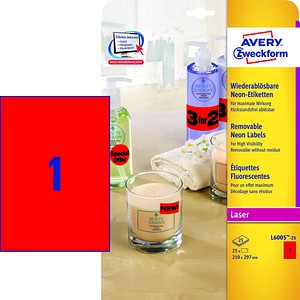 AVERY Zweckform Etiketten L6005-25 rot 210,0 x 297,0 mm, 25 Blatt