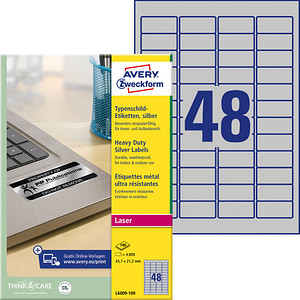 AVERY Zweckform Typenschildetiketten L6009-100 silber 45,7 x 21,2 mm, 100 Blatt