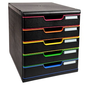 Exacompta Schubladenbox Modulo  schwarz mit bunten Farblinien 301914D, DIN A4 mit 5 Schubladen