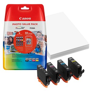 Canon CLI-526 C/M/Y/BK schwarz, cyan, magenta, gelb Tintenpatronen + 50 Blatt Fotopapier, 10 x 15 cm Canon CLI-526 C/M/Y/BK schwarz, cyan, magenta, gelb Tintenpatronen + 50 Blatt Fotopapier, 10 x 15 cm