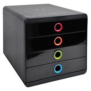 Exacompta Schubladenbox POP-BOX  schwarz mit bunten Grifflöchern 314498D, DIN A4 mit 4 Schubladen, 1 St.