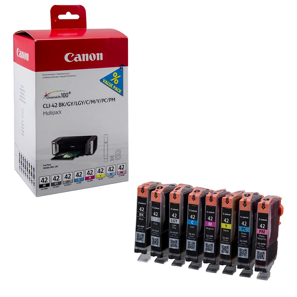 Canon CLI-42 BK/C/M/Y/PC/PM/GY/LGY schwarz, Druckerpatronen, gelb, cyan, 8er-Set cyan, magenta büroplus Foto ++ magenta, Foto