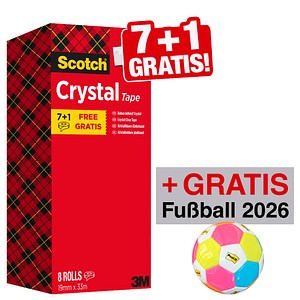 7 + 1 GRATIS: Scotch Crystal Klebefilm kristall-klar 19,0 mm x 33,0 m 7 Rollen + GRATIS Fußball 2026