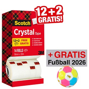 12 + 2 GRATIS: Scotch Crystal Klebefilm kristall-klar 19,0 mm x 33,0 m 12 Rollen + GRATIS 2 Rollen + GRATIS Fußball 2026
