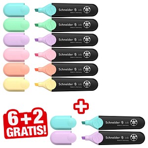 6 + 2 GRATIS: Schneider Job Textmarker farbsortiert, 6 St. + GRATIS 2 St.