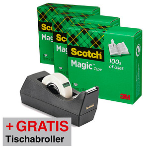 AKTION: Scotch Magic™ Tape Klebefilm matt 19,0 mm x 33,0 m 3 Rollen + GRATIS 1 Scotch Tischabroller