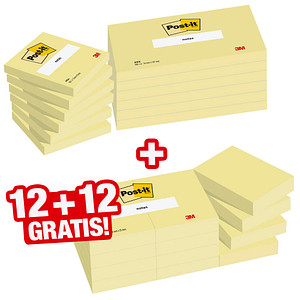 12 + 12 GRATIS: Post-it® Notes Haftnotizen-Set 654655P gelb 12 Blöcke + GRATIS 12 Blöcke 12 Blöcke Haftnotizen 5,1 x 3,8