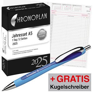 AKTION: CHRONOPLAN Kalendereinlage 2025 Jahres-Set mit Tagesplänen A5 + GRATIS Schneider Kugelschreiber Slider Rave blau