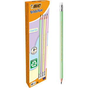 BIC EVOLUTION PASTEL Bleistifte HB rosa, lila, grün, gelb mit Radierer, 10 St.