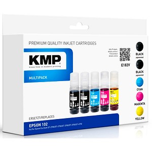 5 KMP E182V 2x schwarz, 1x cyan, 1x magenta, 1x gelb Tintenflaschen ersetzen EPSON 102/T03R14, 102/T03R24, 102/T03R34, 102/T03R44 5 KMP E182V 2x schwarz, 1x cyan, 1x magenta, 1x gelb Tintenflaschen ersetzen EPSON 102/T03R14, 102/T03R24, 102/T03R34, 102/T03R44