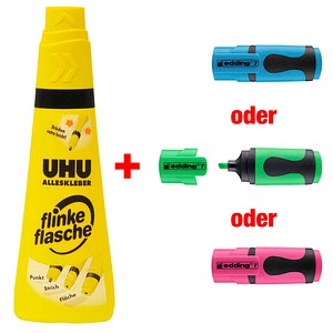 AKTION: UHU flinke flasche Alleskleber 90,0 g + GRATIS edding Textmarker (grün, blau oder pink)