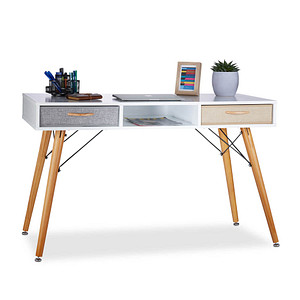 relaxdays Schreibtisch weiß rechteckig, 4-Fuß-Gestell braun 125,0 x 60,0 cm