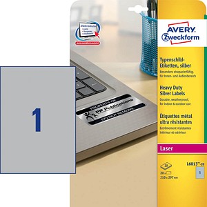 AVERY Zweckform Typenschildetiketten L6013-20 silber 210,0 x 297,0 mm, 20 Blatt