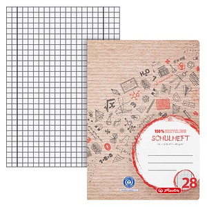 herlitz Schulheft Recycling Lineatur 28 kariert mit Rand DIN A4 mit Randlinie (innen und außen), 16 Blatt, 1 St.