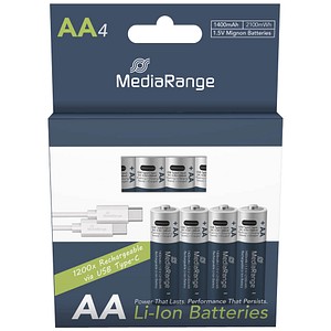 MediaRange USB-Akkus mit Ladekabel Li-Ion Mignon AA 1400 mAh, 4 St.