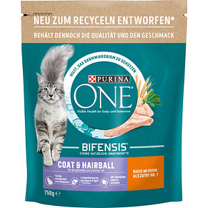 PURINA ONE® Katzen-Trockenfutter Coat & Hairball reich an Huhn und Vollkorn-Getreide 750,0 g