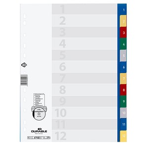 DURABLE Ordnerregister Vollformat 1-12 blau, gelb, rot, grün, grau 12-teilig, 1 Satz